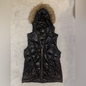 Vintage Guess black puffer vest with fur hood